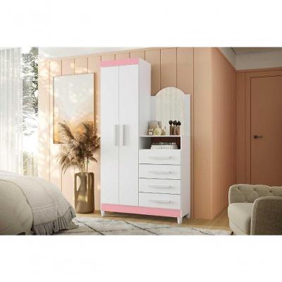Guarda Roupa com Cômoda Solteiro New Capri 2 Portas 4 Gavetas MDP Branco Rosa Flex 103CM