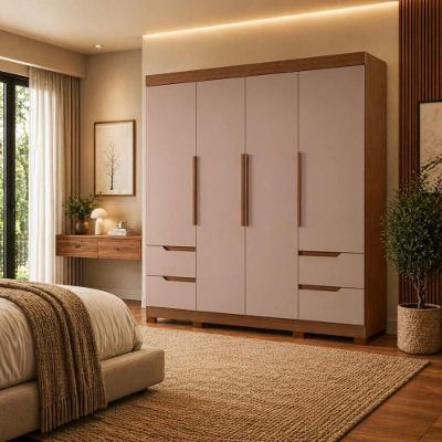 Guarda Roupa Casal Vivacce 4 Portas Dobráveis 4 Gavetas MDP Nogueira Cappuccino 212CM