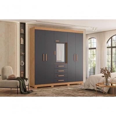 Guarda Roupa Casal Virtus 6 Portas de Bater 4 Gavetas MDP Freijó Titanium 220CM