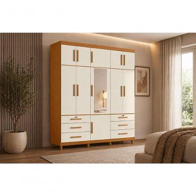 Guarda Roupa Casal Triton Plus 11 Portas de Bater 6 Gavetas MDP com Espelho Cinamomo Off White