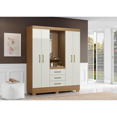 Guarda Roupa Casal Paris 4 Portas de Bater 3 Gavetas MDF MDP com Espelho Off White Aramóveis 163CM