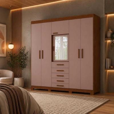 Guarda Roupa Casal Virtus 6 Portas de Bater 4 Gavetas MDP Nogueira Cappuccino 220CM