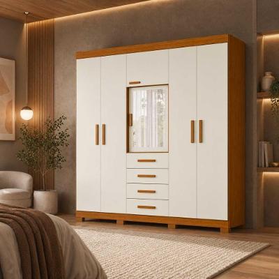 Guarda Roupa Casal Virtus 6 Portas de Bater 4 Gavetas MDP Cinamomo Off White com Espelho 220CM