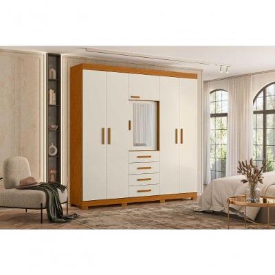 Guarda Roupa Casal Virtus 6 Portas de Bater 4 Gavetas MDP Cinamomo Off White 220CM