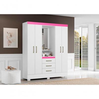 Guarda Roupa Casal Paris 4 Portas de Bater 3 Gavetas MDF-MDP com Espelho Branco e Rosa Aramóveis