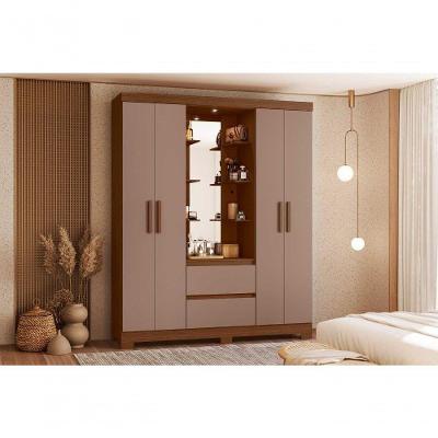 Guarda Roupa Casal Olímpia 4 Portas de Bater 2 Gavetas MDP com Espelho e LED Nogueira Cappuccino