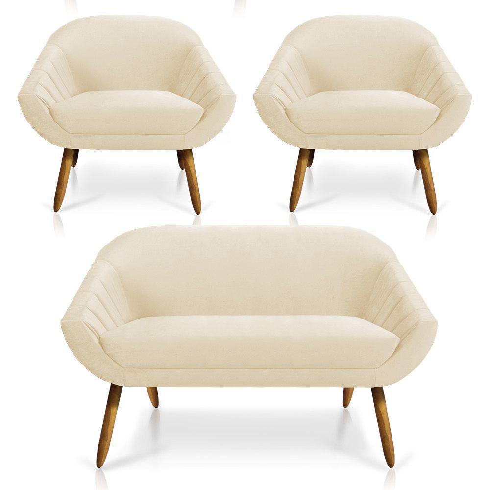 Kit 01 Namoradeira e 02 Poltronas Veludo Bege Castanho - 1