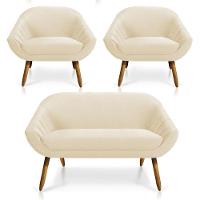 Kit 01 Namoradeira e 02 Poltronas Veludo Bege Castanho - 1