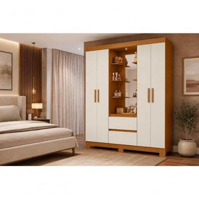 Guarda Roupa Casal Olímpia 4 Portas de Bater 2 Gavetas MDP com LED e Espelho Cinamomo Off White
