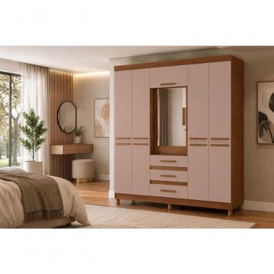Guarda Roupa Casal New Fusion 6 Portas 3 Gavetas MDP com Espelho Nogueira Cappuccino 186CM