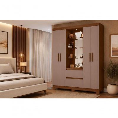 Guarda Roupa Casal Olímpia 4 Portas de Bater 2 Gavetas MDP com Espelho Nogueira Cappuccino 163CM