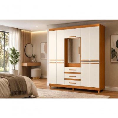 Guarda Roupa Casal New Fusion 6 Portas 3 Gavetas MDP com Espelho Cinamomo Off White 186CM