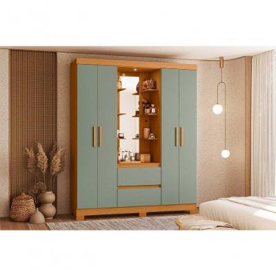 Guarda Roupa Casal Olímpia 4 Portas de Bater 2 Gavetas MDP com Espelho e LED Cinamomo Sálvia 163CM