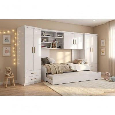 Jogo de Quarto Chiara 2 Guarda Roupa Módulo Aéreo Cama Auxiliar 4 Portas MDP Branco Phoenix Baby