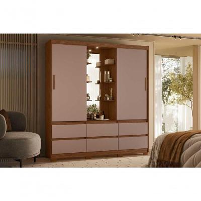 Guarda Roupa Solteiro Atena 2 Portas de Correr 6 Gavetas MDP com LED e Espelho Marrom 193CM