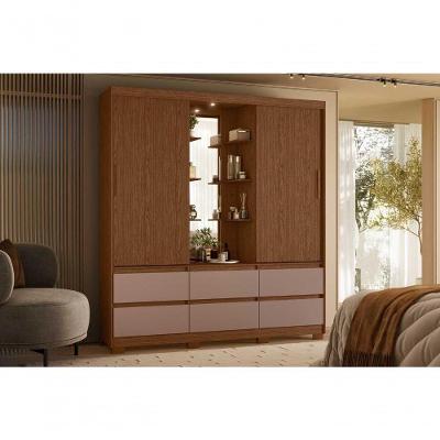 Guarda Roupa Solteiro Atena 2 Portas de Correr 6 Gavetas MDP com LED e Espelho Nogueira Cappuccino
