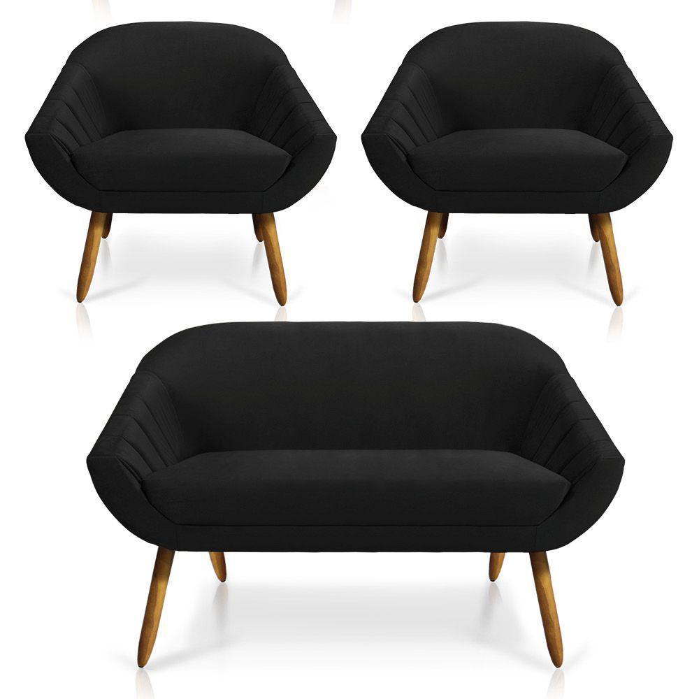 Kit 01 Namoradeira e 02 Poltronas Veludo Preto Castanho - 1