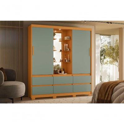 Guarda Roupa Solteiro Atena 2 Portas de Correr 6 Gavetas MDP com LED e Espelho Marrom Albatroz