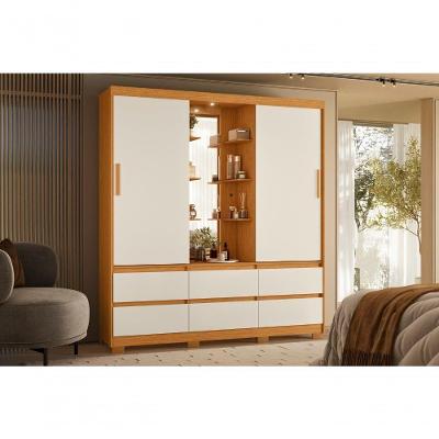 Guarda Roupa Solteiro Atena 2 Portas de Correr 6 Gavetas MDP com LED e Espelho Cinamomo Off White