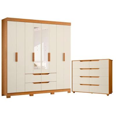 Guarda Roupa Casal com Cômoda Doble 8 Portas de Bater com Espelho 12 Gavetas MDP Cinamomo Off White