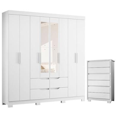 Guarda Roupa Casal com Cômoda Doble 8 Portas de Bater com Espelho 10 Gavetas MDP Branco Albatroz