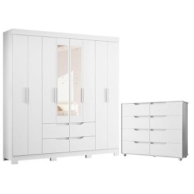 Guarda Roupa Casal com Cômoda Doble 8 Portas de Bater 4 Gavetas MDP Branco Freijo Flex Albatroz