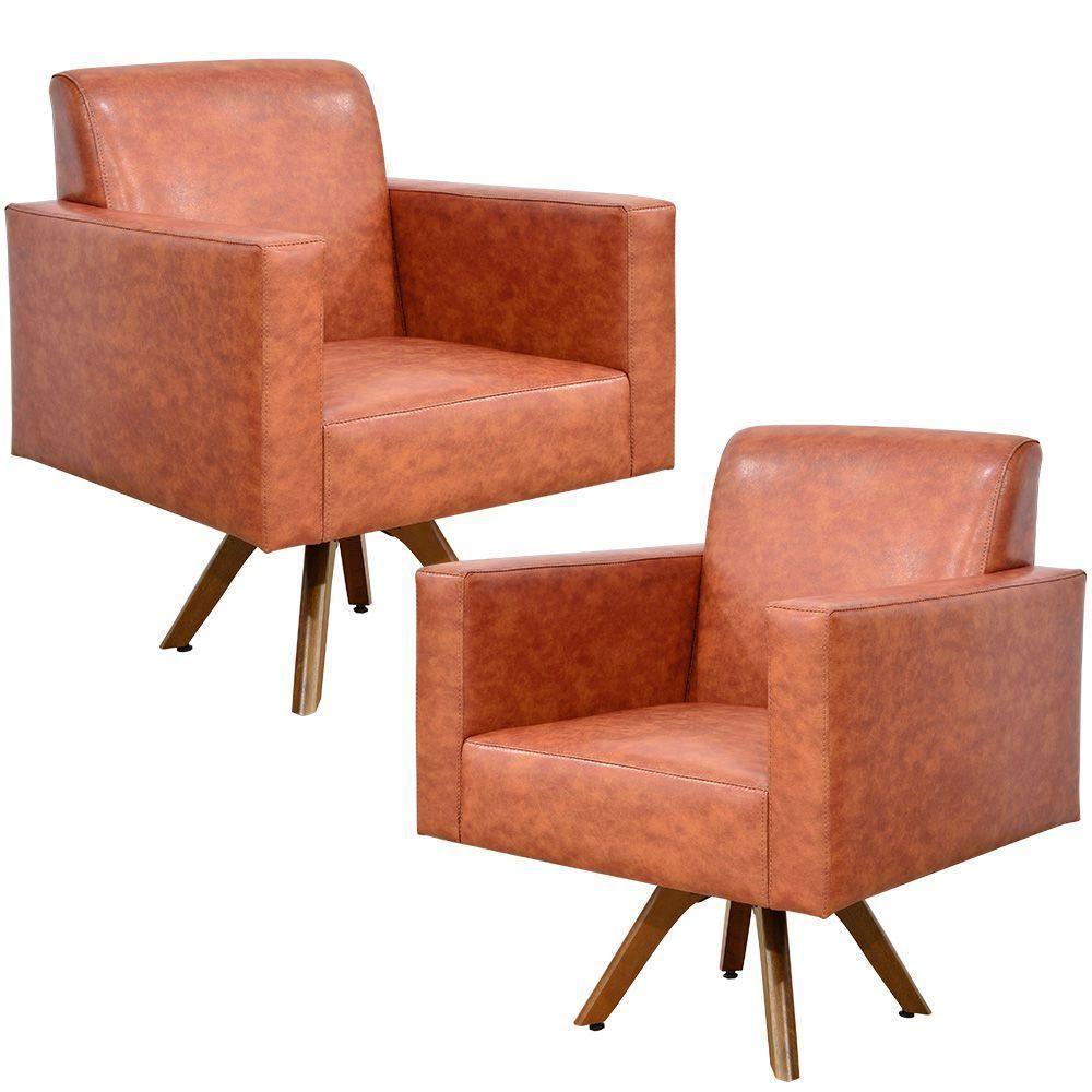 Kit 02 Poltronas Giratória Base De Madeira Helô L02 Camel - 1