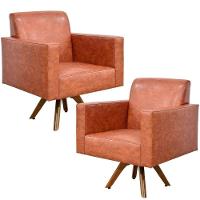 Kit 02 Poltronas Giratória Base De Madeira Helô L02 Camel - 1