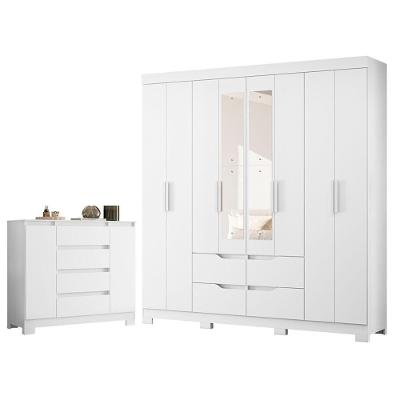 Guarda Roupa Casal Doble 8 Portas de Bater com Espelho e Cômoda Sapateira 4 Gavetas MDP Branco Flex
