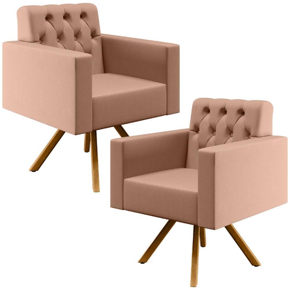 Kit 02 Poltronas Giratórias Capitonê Linho Rosê - 1
