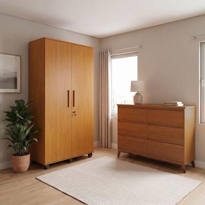 Conjunto Cômoda Londres 6 Gavetas e Guarda Roupa Solteiro 2 Portas Bater MDF-MDP Amadeirado