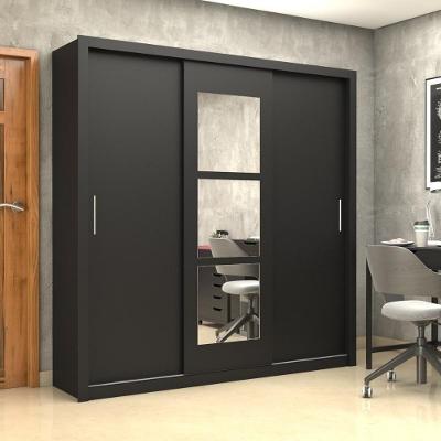 Guarda Roupa Casal CR35572 3 Portas de Correr 4 Gavetas MDP com Espelhos Preto Multimóveis 186CM