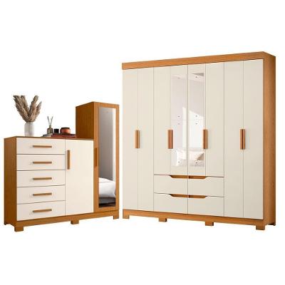 Guarda Roupa Casal Doble 8 Portas de Bater com Espelho e Cômoda 4 Gavetas MDP Cinamomo Off White