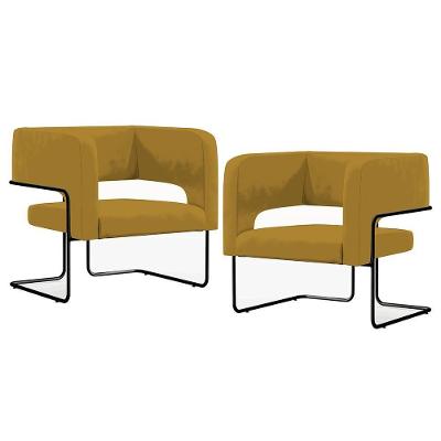 Kit 2 Poltronas Decorativas Scarlett D02 Veludo Mostarda Aço Preto Lyam Decor