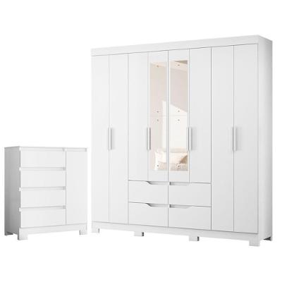 Guarda Roupa Casal com Cômoda Olimpia 8 Portas de Bater 4 Gavetas MDP Branco Flex Albatroz Móveis