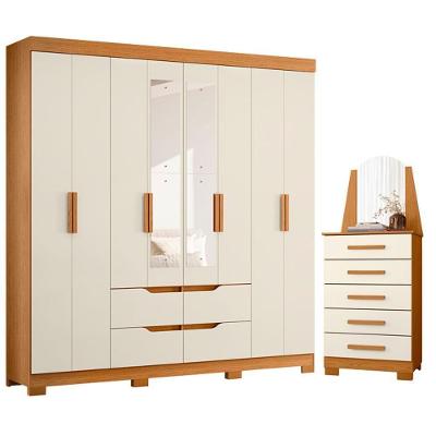 Guarda Roupa Casal com Cômoda New Veneza 8 Portas de Bater 9 Gavetas MDP Cinamomo Off White Albatroz