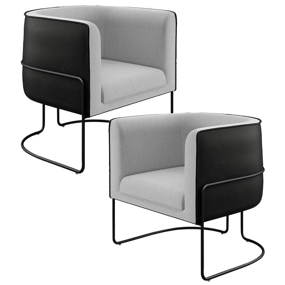 Kit 02 Poltronas Base Aço Preto Linho Cinza Corano Preto - 1