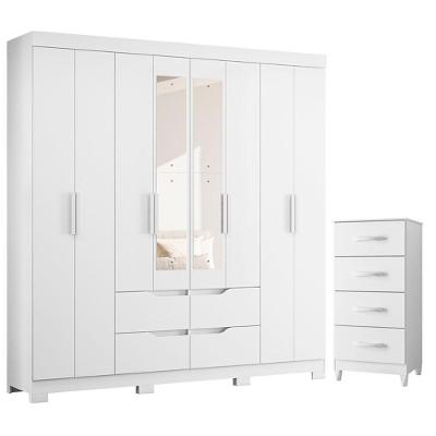 Guarda Roupa Casal com Cômoda Doble 8 Portas de Bater 4 Gavetas MDP Branco Rosa Flex Albatroz Móveis