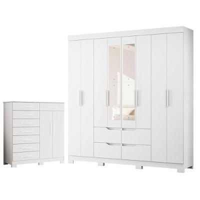 Guarda Roupa Casal com Cômoda Verona 8 Portas de Bater 4 Gavetas MDP com Espelho Branco Albatroz