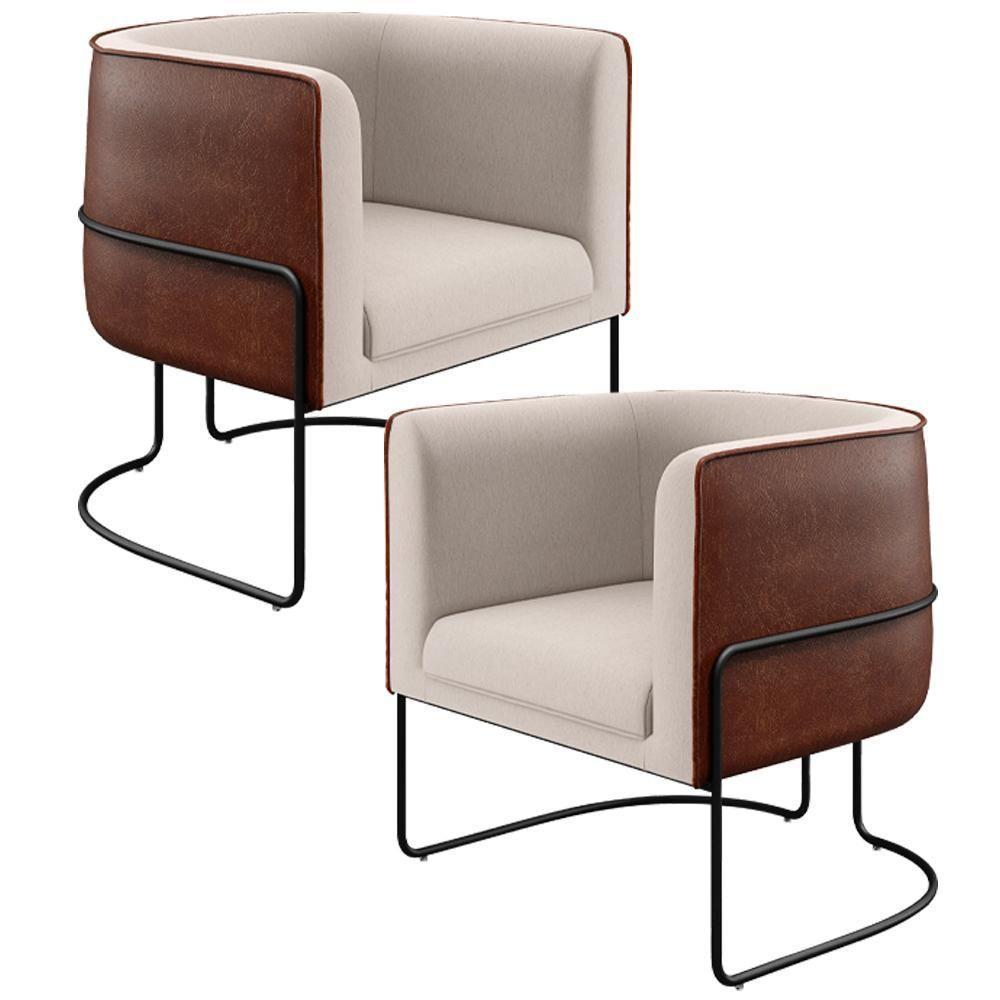 Kit 02 Poltronas Base De Aço Preto Linho Bege Corano Marrom - 1