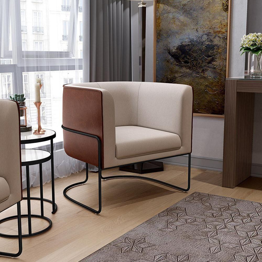 Kit 02 Poltronas Base De Aço Preto Linho Bege Corano Marrom - 9