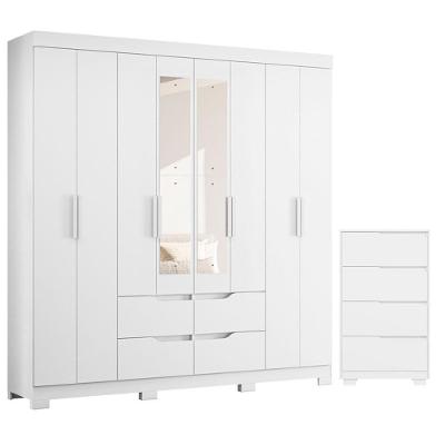 Guarda Roupa Casal com Cômoda Doble 8 Portas de Bater com Espelho 4 Gavetas MDP Branco Freijo