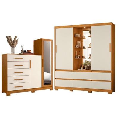 Guarda Roupa Solteiro Atena 2 Portas de Correr com Espelho e Cômoda 6 Gavetas MDP Cinamomo Off White
