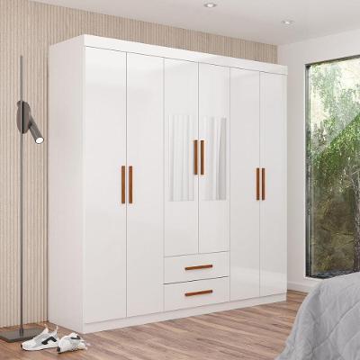 Guarda Roupa Solteiro CR35569 6 Portas de Bater 2 Gavetas MDP com Espelhos Branco Multimóveis