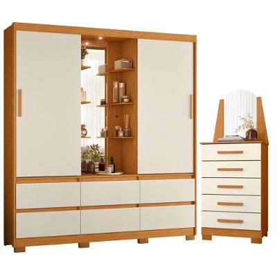 Guarda Roupa Solteiro com Cômoda Atena 2 Portas de Correr 6 Gavetas MDP Cinamomo Off White Albatroz