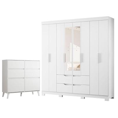 Guarda Roupa Casal Doble 8 Portas de Bater com Espelho e Cômoda 4 Gavetas MDP Branco Albatroz Móveis