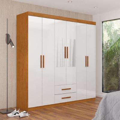 Guarda Roupa Solteiro CR35569 6 Portas de Bater 2 Gavetas MDP com Espelhos Madeirado-Branco