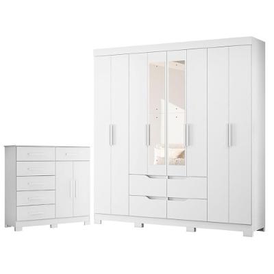 Guarda Roupa Casal com Cômoda Xangai 8 Portas de Bater com Espelho 4 Gavetas MDP Branco Albatroz