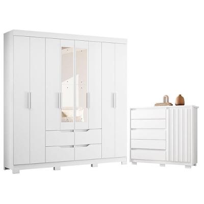 Guarda Roupa Casal com Cômoda Doble 8 Portas de Bater 4 Gavetas MDP com Espelho Branco Albatroz