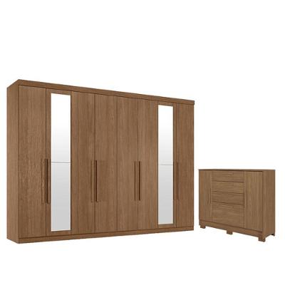 Guarda Roupa Casal Master New 8 Portas de Bater 4 Gavetas MDP com Espelho e Cômoda Jatobá Acetinado